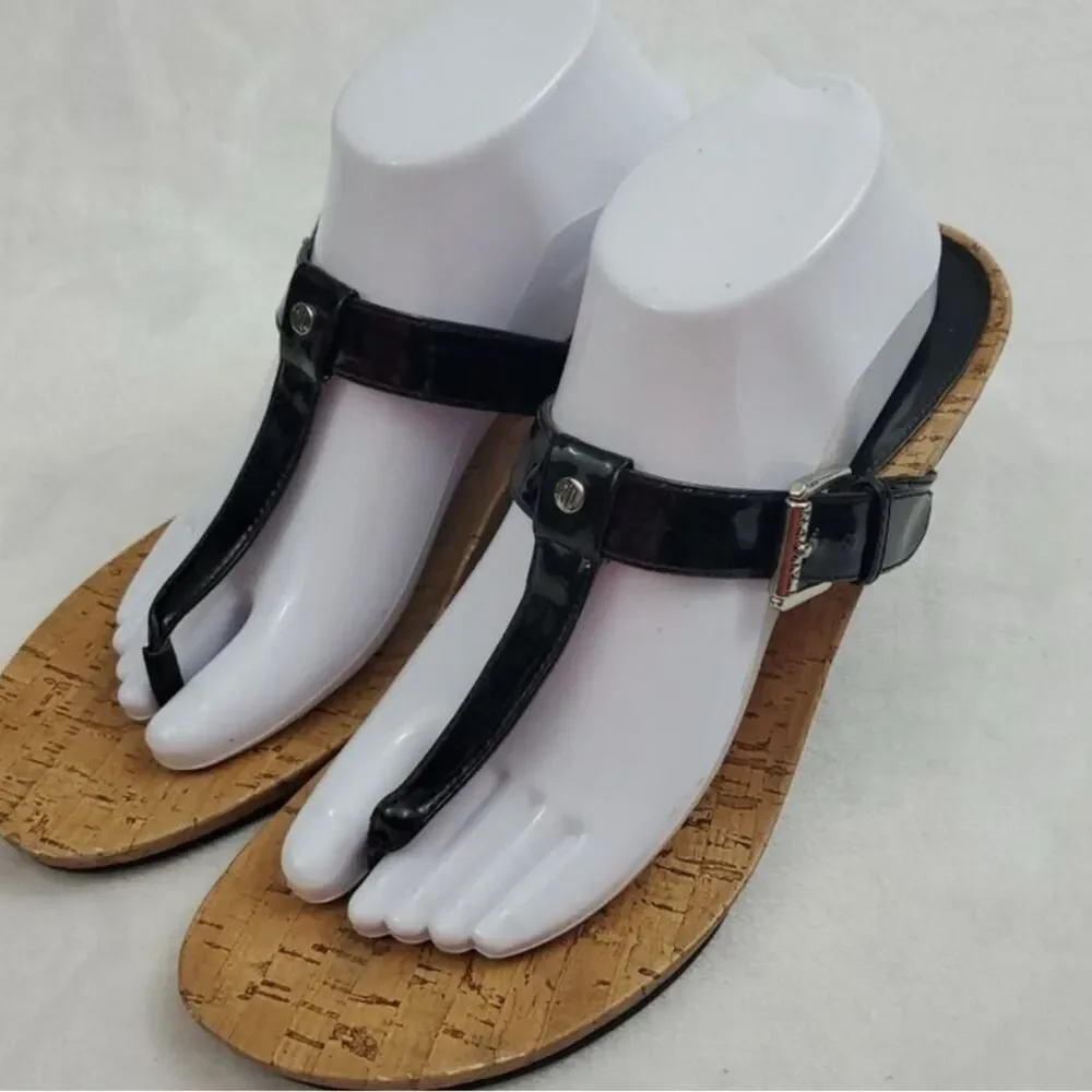 Ralph Lauren Black Women's Roseanne T-Strap Sandals Cork Patent Leather Size 8